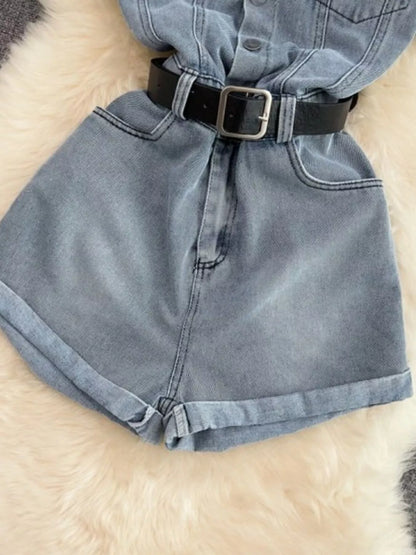 Button Front Short Sleeve Denim Romper New Era Fashion LLc