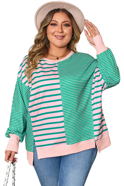 Green Stripe Color Block Exposed Seam Side Slit Plus Size Sweatshirt Garden Naked Curves