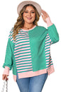 Green Stripe Color Block Exposed Seam Side Slit Plus Size Sweatshirt Garden Naked Curves