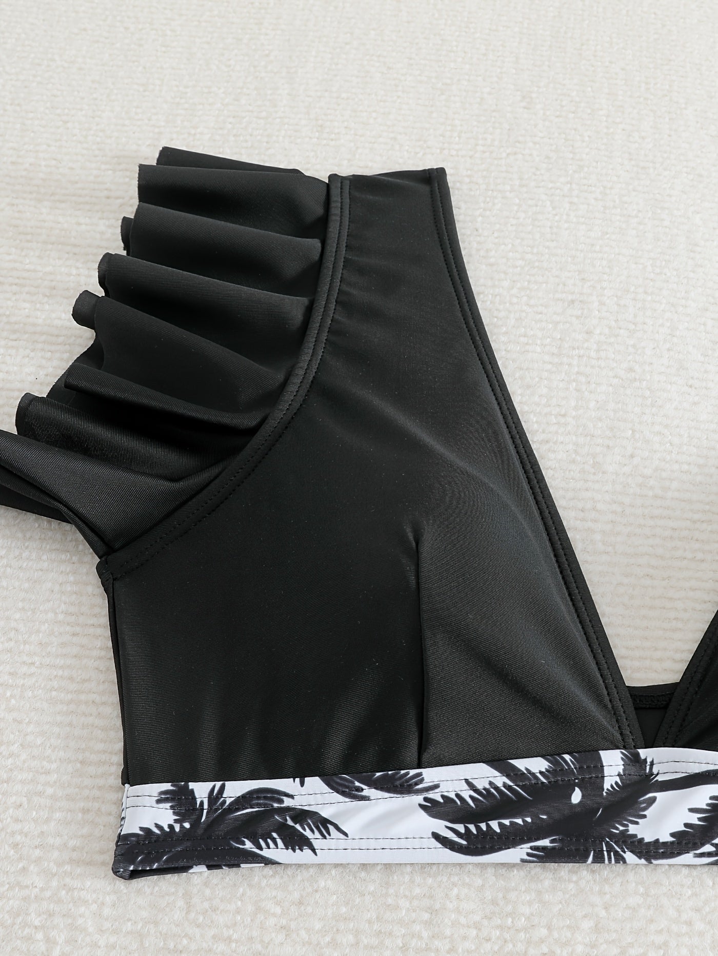 Bikini Black Solid Color Ruffle V Neck 2 Piece Swimsuit for Women – High Waisted Flattering Bikini Set with Lettuce Trim Bottoms – Sleek Stretchy Fabric Swimwear for Beach Days Poolside Style and Summer Vacation Looks Stevvex
