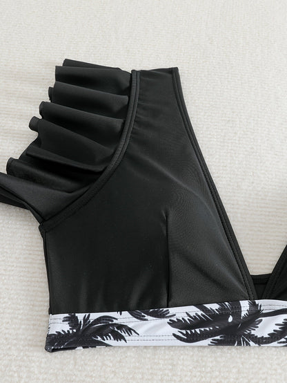 Bikini Black Solid Color Ruffle V Neck 2 Piece Swimsuit for Women – High Waisted Flattering Bikini Set with Lettuce Trim Bottoms – Sleek Stretchy Fabric Swimwear for Beach Days Poolside Style and Summer Vacation Looks Stevvex