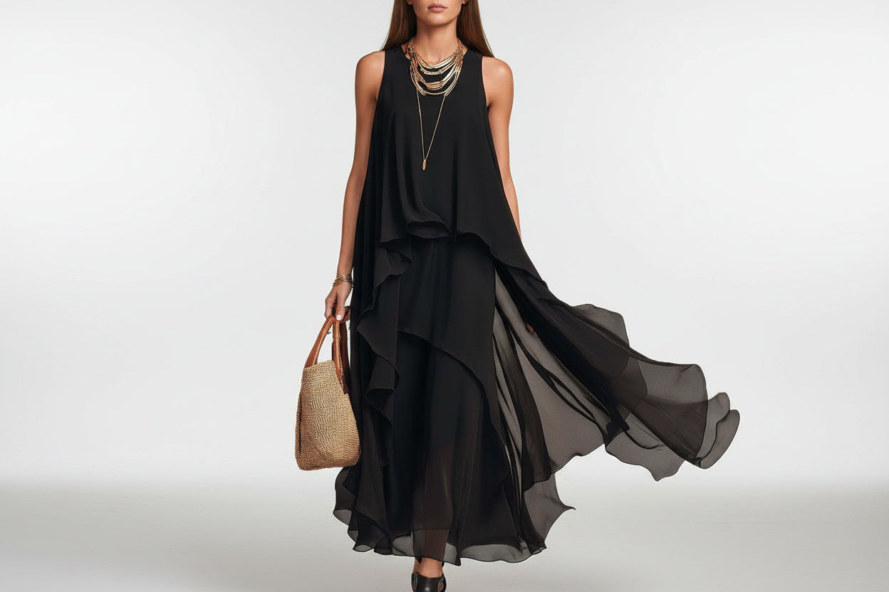 Asymmetrical Ruffle Mesh Chiffon Sleeveless Maxi Dress – Black, XS–XXL FitiqueFit