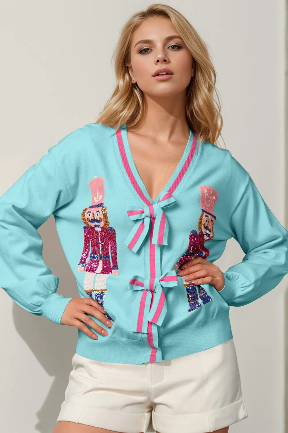 Nutcracker Sequin Bow Decor Cardigan FitiqueFit