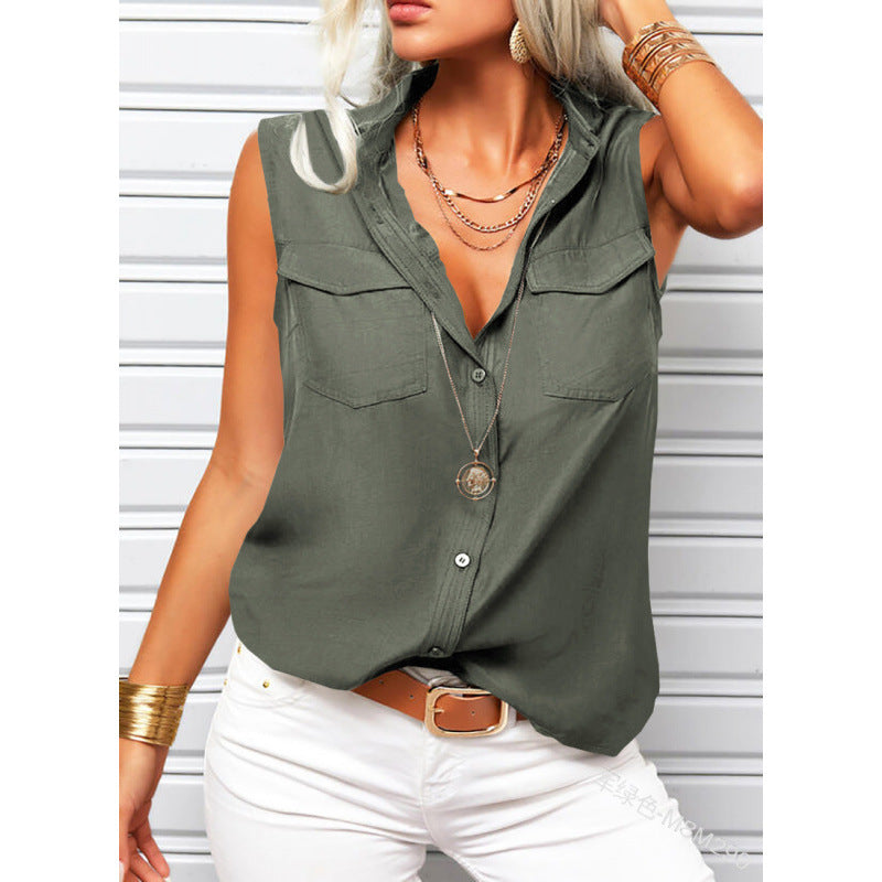 Women's Lapel Collar Sleeveless Top – Loose Fit, Pockets, Solid Color FitiqueFit