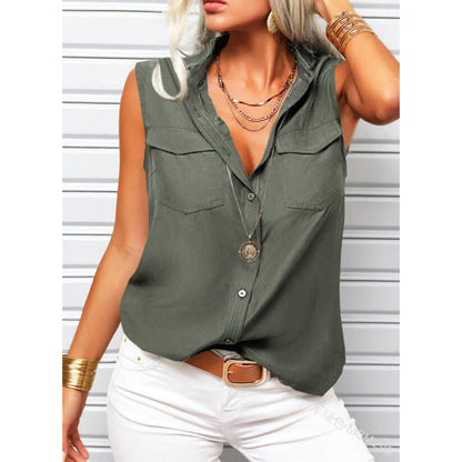 Women's Lapel Collar Sleeveless Top – Loose Fit, Pockets, Solid Color FitiqueFit