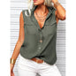 Women's Lapel Collar Sleeveless Top – Loose Fit, Pockets, Solid Color FitiqueFit