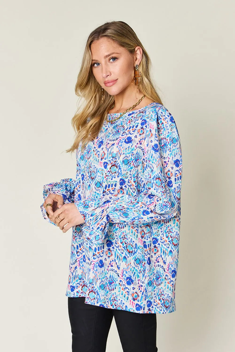 Double Take Full Size Printed Flounce Sleeve Blouse New Era Fashion LLc