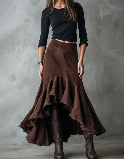 Western Brown High-Low Eco Suede Ruffle Maxi Skirt Grayceful LLC