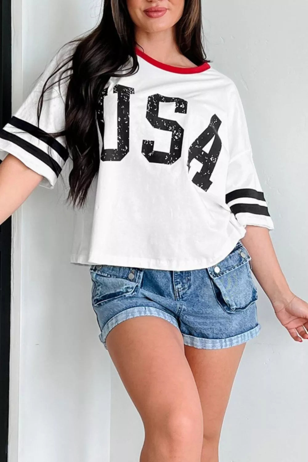 USA Letter Printed Varsity Striped Sleeve Round Neck Tee New Era Fashion LLc