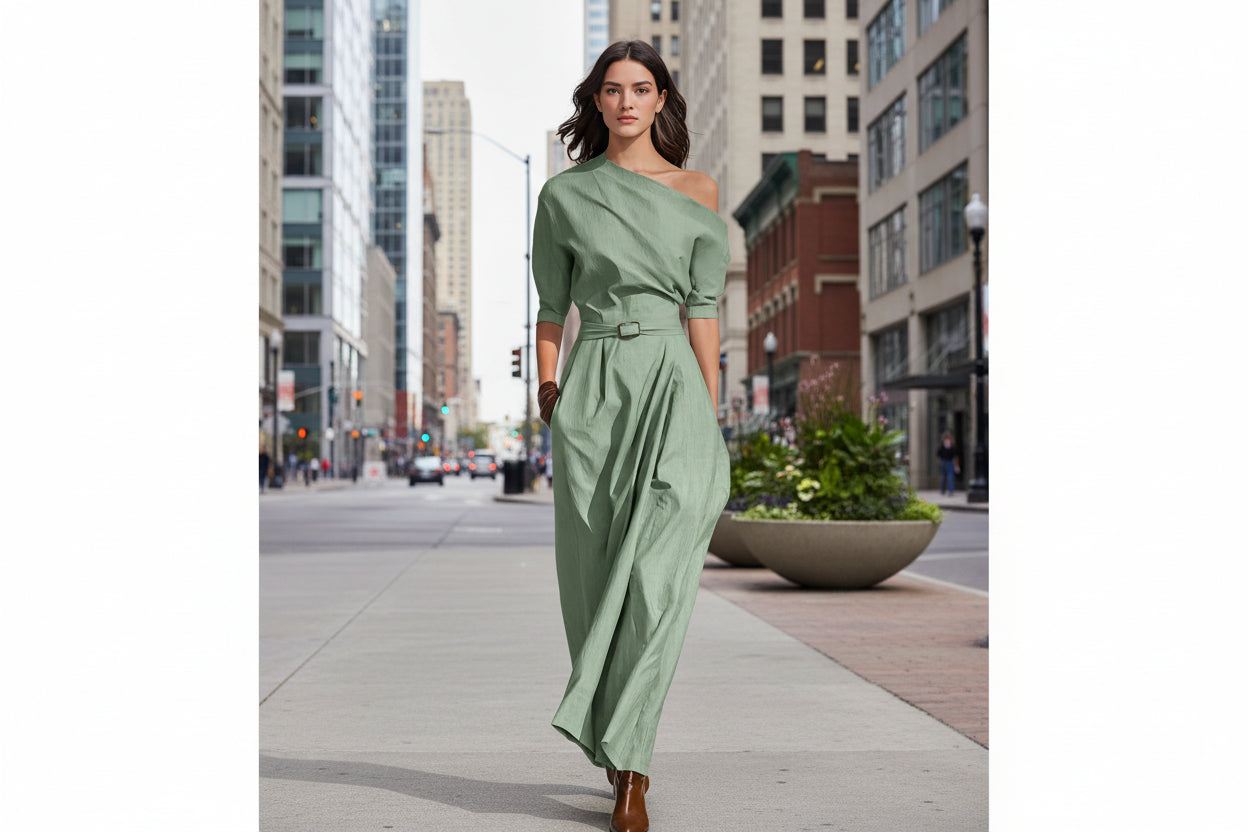 Women’s One-Shoulder Long Dress – Slanted Shoulder Waist-Defined Style FitiqueFit