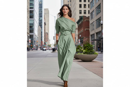 Women’s One-Shoulder Long Dress – Slanted Shoulder Waist-Defined Style FitiqueFit