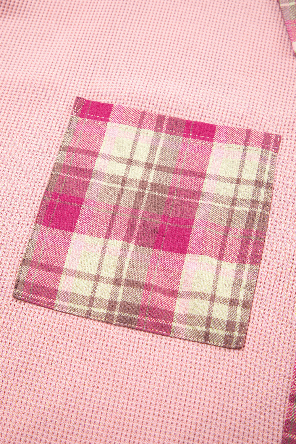 Pink Waffle Patch Pocket Plaid Patchwork Plus Size Shirt Garden Naked Curves