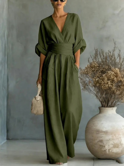 Women's V-Neck Wide-Leg Jumpsuit – High Waist Pleated Elegant 11 Colors S–5XL FitiqueFit