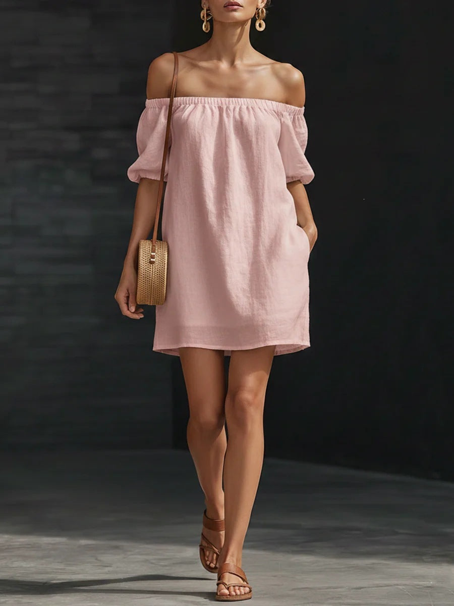 Women's Cotton-Linen Off-Shoulder Puff-Sleeve Loose Mini Dress FitiqueFit