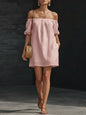 Women's Cotton-Linen Off-Shoulder Puff-Sleeve Loose Mini Dress FitiqueFit
