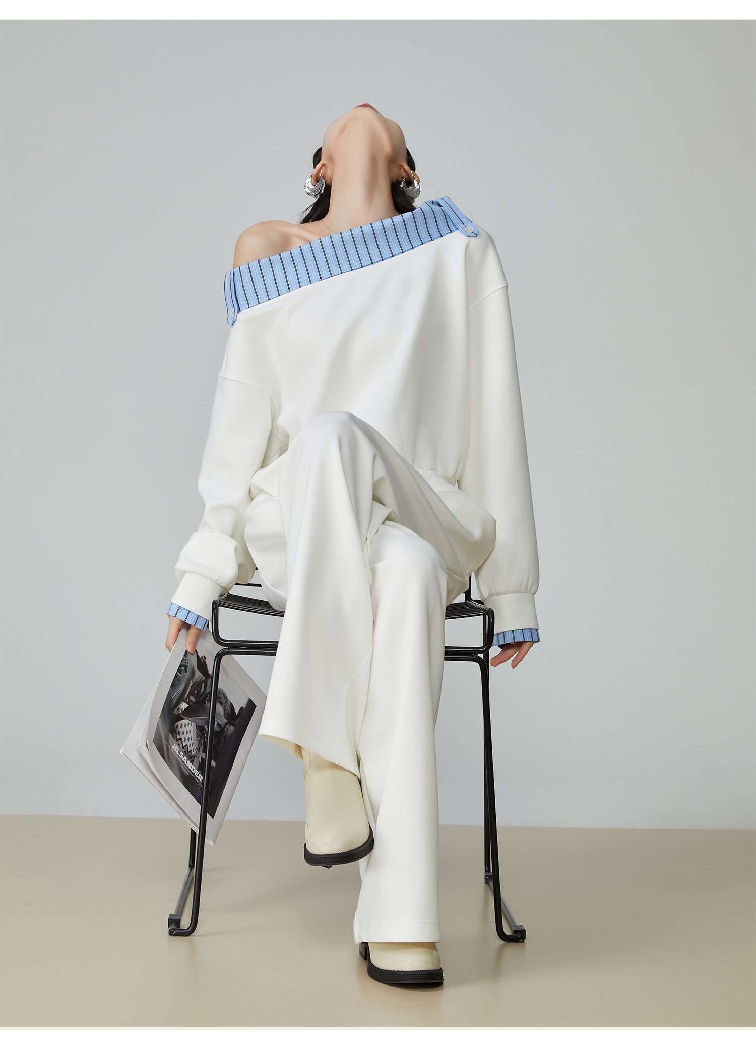 Two Piece Set Of Blue And White Striped Collared Sloping Shoulder Hoodie And Wide Leg Pants See size chart under “more details” The Fashion Celestial