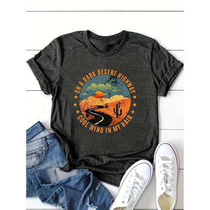 Retro Desert Highway T-Shirt - Casual Short Sleeve Tee Tops FitiqueFit