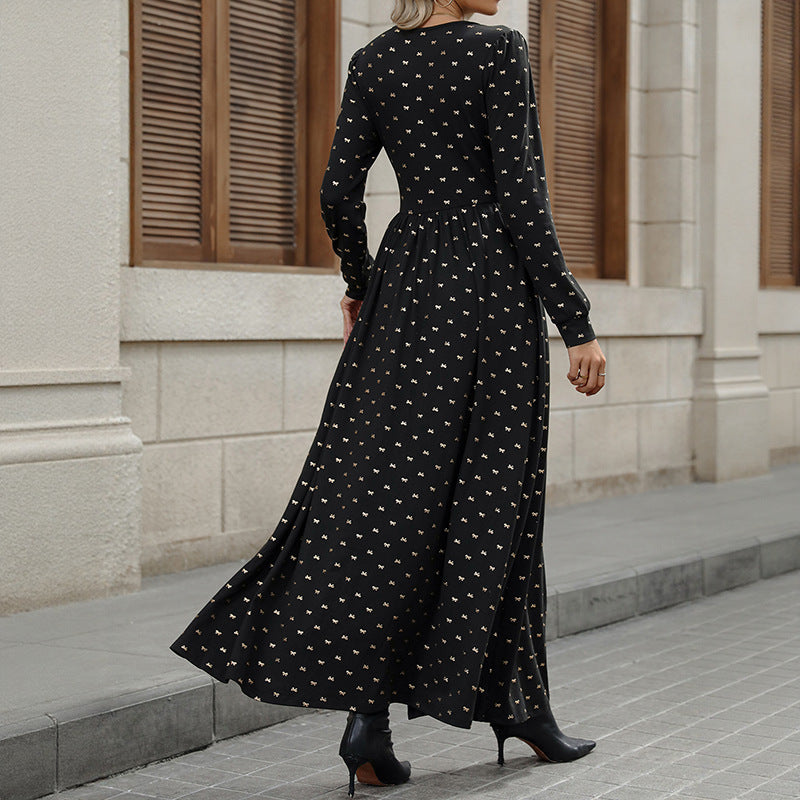 Elegant Retro Lace V-neck Bow Print Dress Grayceful LLC