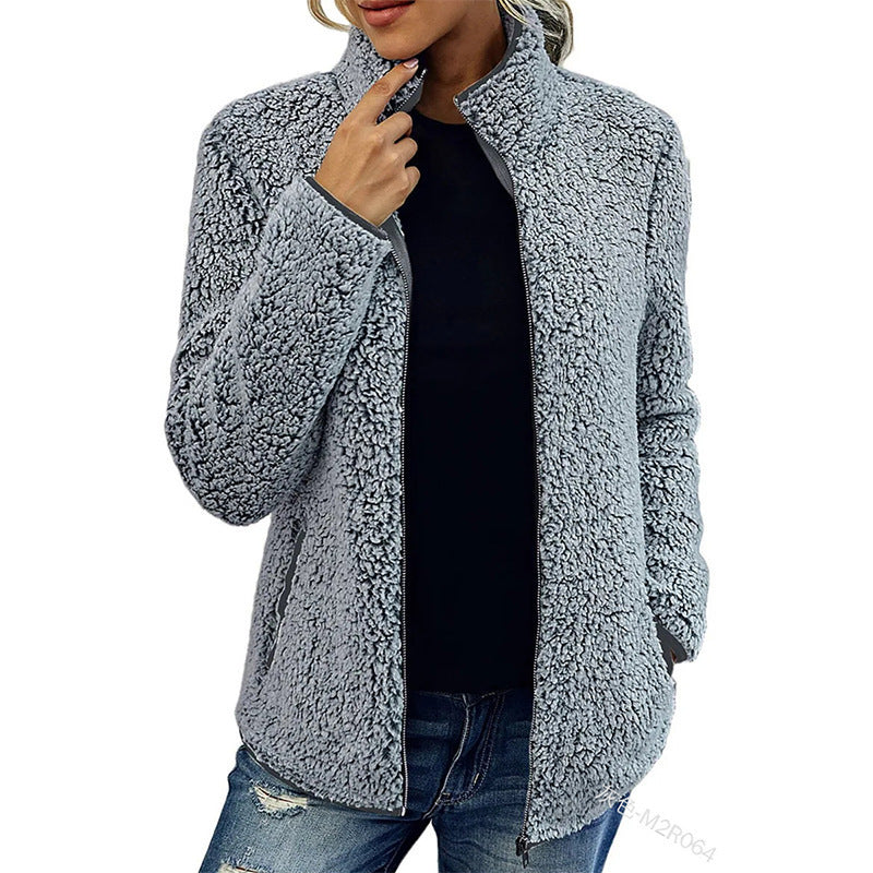 Fall Winter Warm Sweatshirt Stand Collar Solid Color Top Sweater Women's Casual Fashion Long Sleeve Zipper Bubble Velvet Coat Tops Grayceful LLC