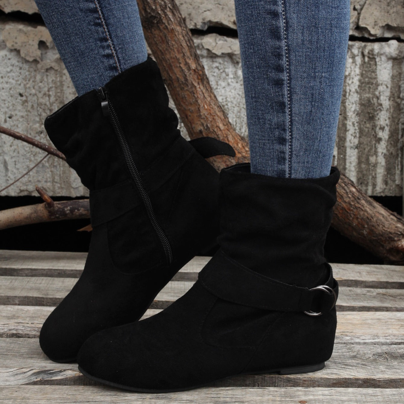 1.18inch Inner Height Increase Women's Short Boots with Flat Sole, Buckle Closure, Comfortable, Warm, and Lightweight, Women Shoes NovaCart