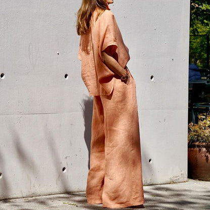 Women's Fashion Solid Color Loose Cotton And Linen Tops Pants Suit See size chart under “more details” The Fashion Celestial