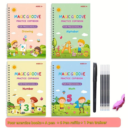 4-Piece Set of Kindergarten Learning Supplies: Children's Hard Pen Grooved Copybook, Magic Calligraphy Practice Book, Educational and Scientific Toy Grooved Copybook, Fade-Resistant Embossed Writing Practice Book, Reusable Ma NovaCart