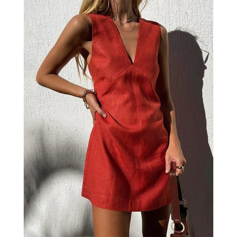 🌿 V-Neck Cotton & Linen Sleeveless Mini Dress FitiqueFit