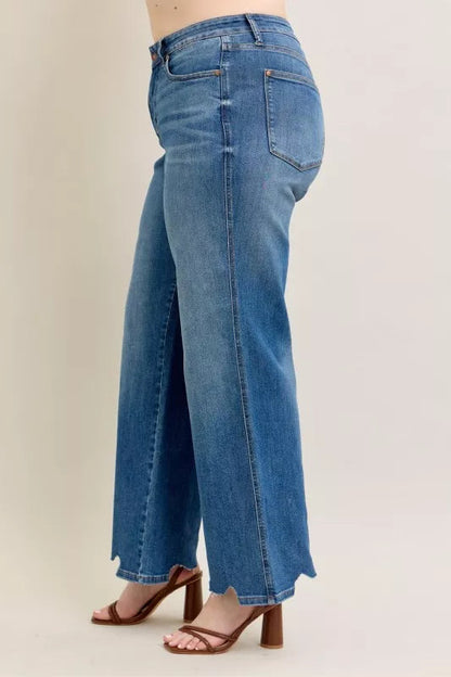 Judy Blue Full Size High Waist Tummy Control Chew Hem Destroy Wide Jeans Plus Size Garden Naked Curves