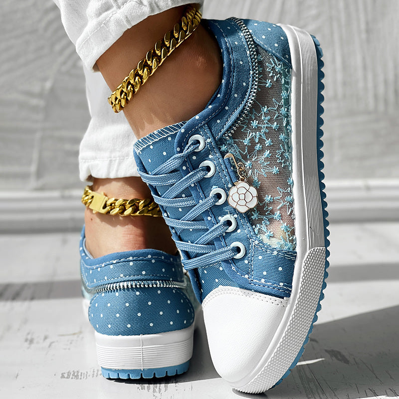 Floral Embroidered Polka Dot Print Sneakers — Women’s Casual Canvas Shoes FitiqueFit