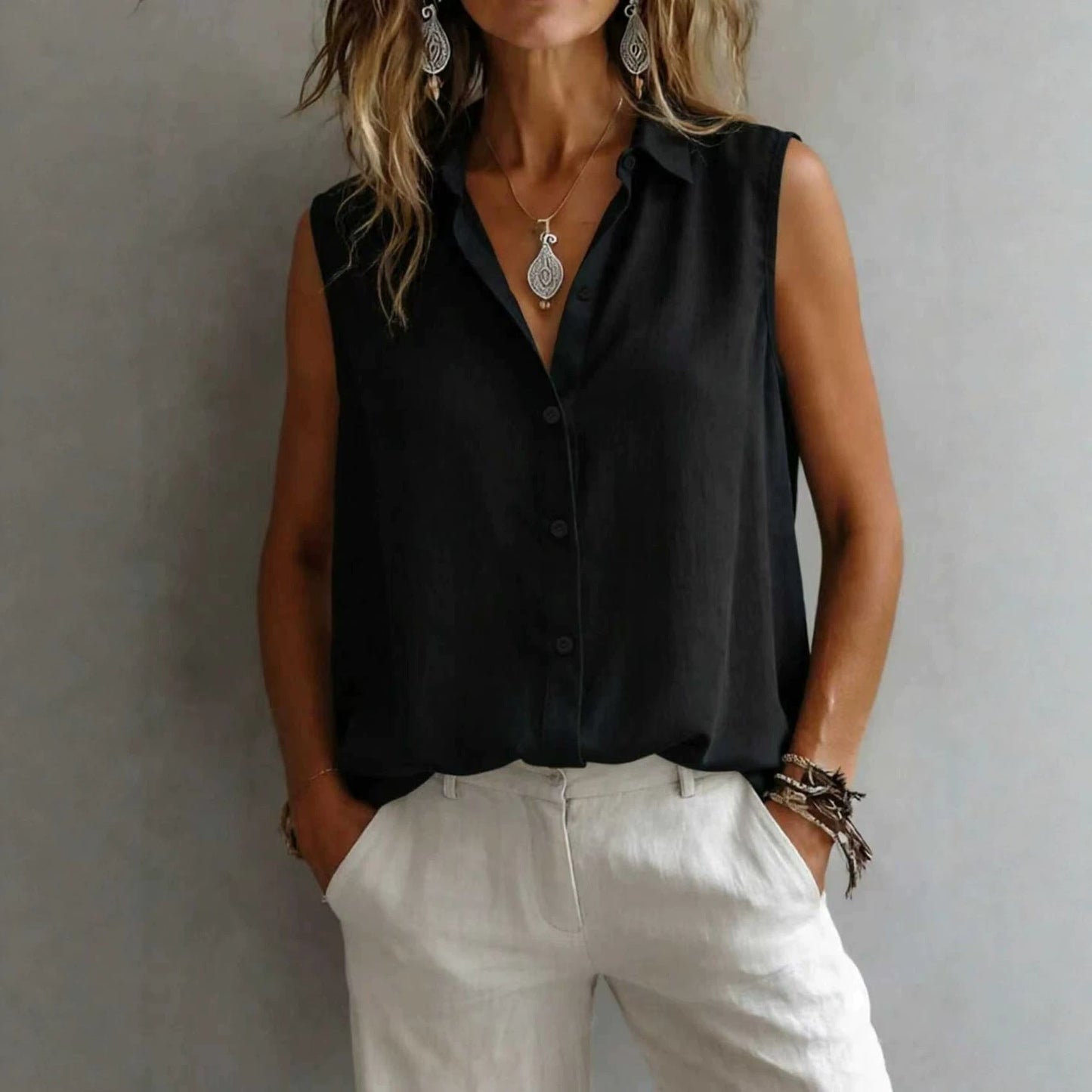 Women's Solid Color Lapel Sleeveless Top FitiqueFit