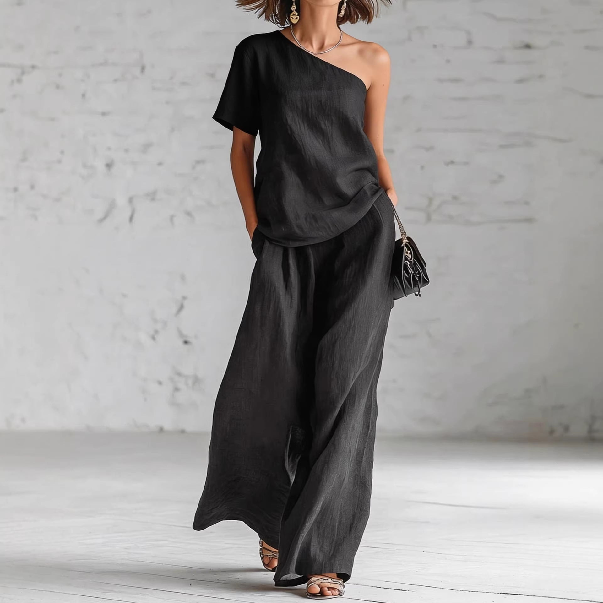 Women's Wide-Leg Pants & Top Set – 2-Piece Three-Quarter Sleeve Outfit FitiqueFit