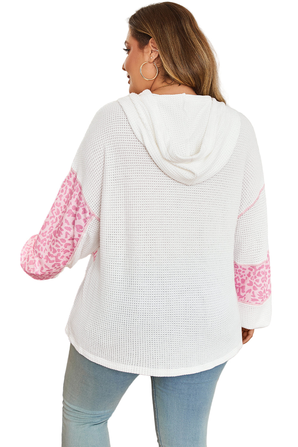 Pink Stripe Leopard Patchwork Waffle Knit Buttoned Plus Size Hoodie Garden Naked Curves