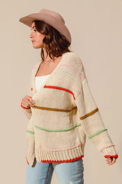 SO ME Loose Fit Multi Stripe Open Front Cardigan FitiqueFit