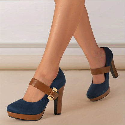 [Retro Heeled Pumps] Women's Retro Style Round Toe High Heeled Pumps, Buckle Platform Block Heel Shoes, Women's Footwear NovaCart
