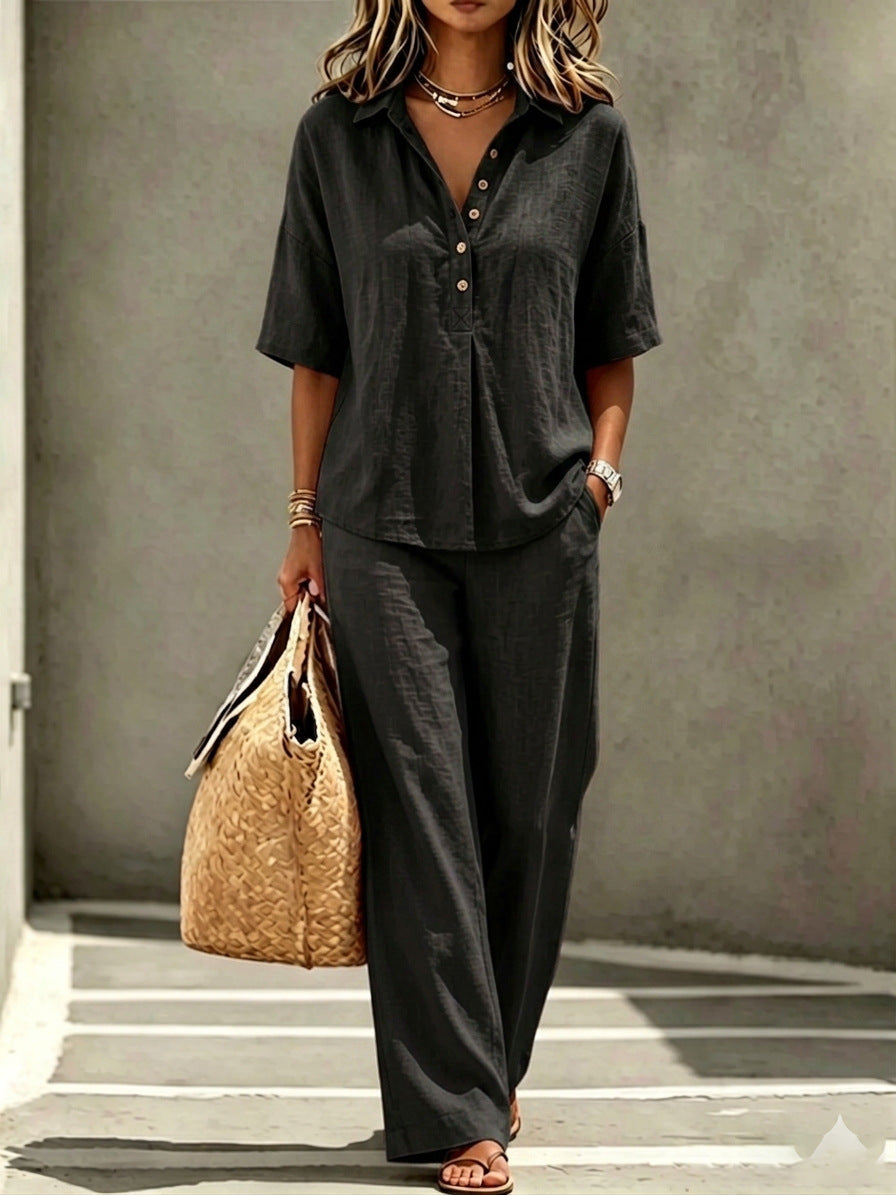 Women's Polo Neck Button-Up Top & Wide-Leg Pants Two-Piece Set FitiqueFit