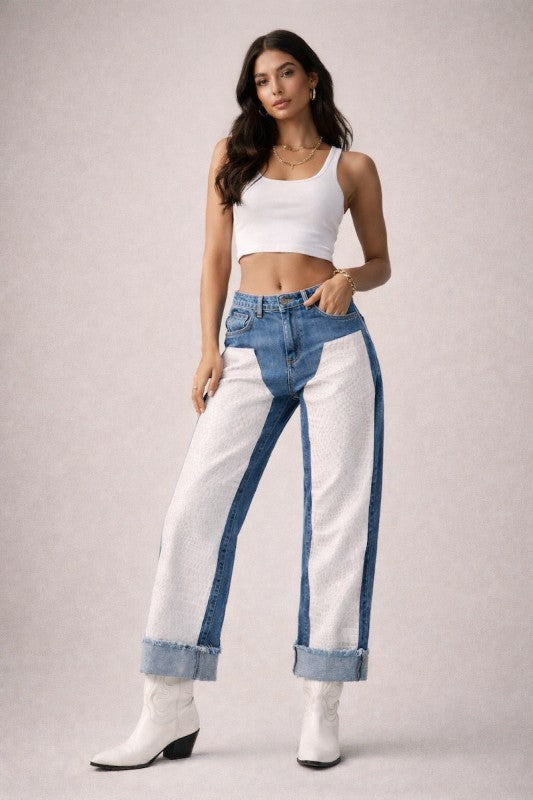 Low Rise Cuffed Jeans with Pink Vinyl Croc Panels See size chart under “more details” The Fashion Celestial