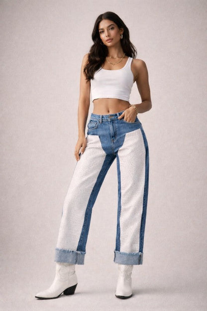 Low Rise Cuffed Jeans with Pink Vinyl Croc Panels See size chart under “more details” The Fashion Celestial