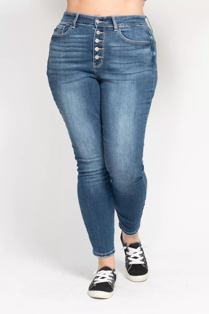 Judy Blue Full Size High Rise Button Fly Skinny Jeans Plus Size Garden Naked Curves