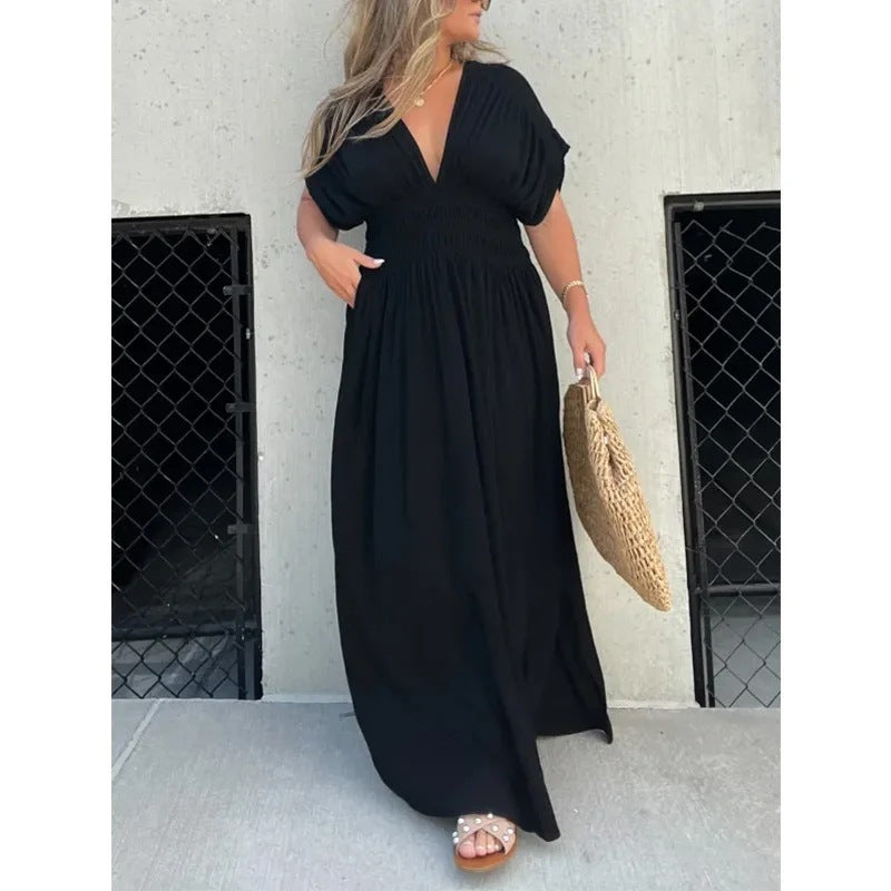 Bat-sleeved V-neck Slit  Elastic Waist Long Dress Grayceful LLC