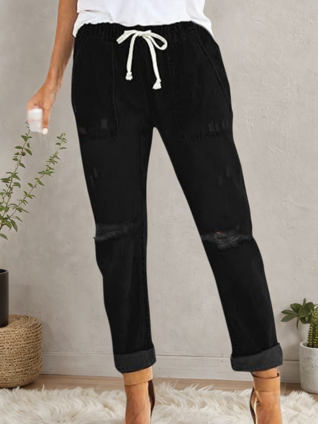 Women’s Distressed Stretch Jeans – Casual Elastic Waist Denim Joggers FitiqueFit