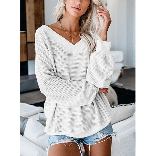 Loose V-Neck Knit Sweater with Plaid Design New Era Fashion LLc