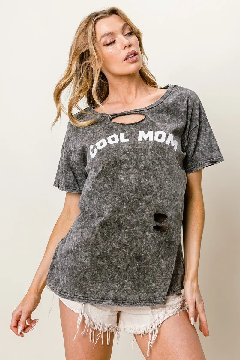 BiBi Washed Laser Cut Detail Cool Mom Print Top New Era Fashion LLc
