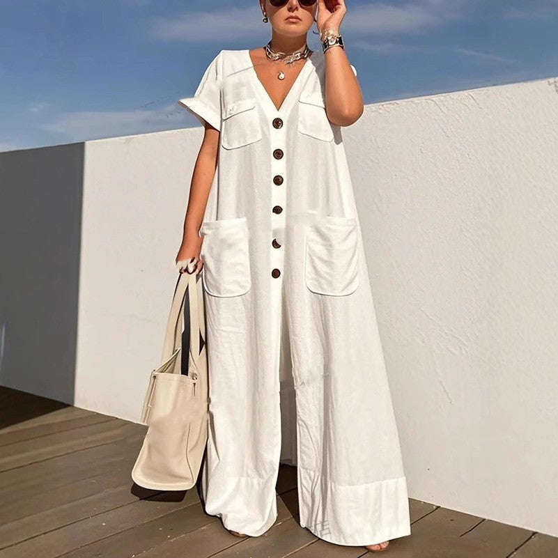 Single-breasted Pocket Elegant Solid Color Jumpsuit Grayceful LLC