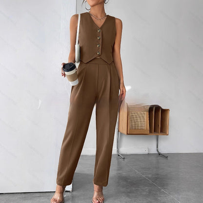 Women’s Coffee Sleeveless Pleated Jumpsuit FitiqueFit