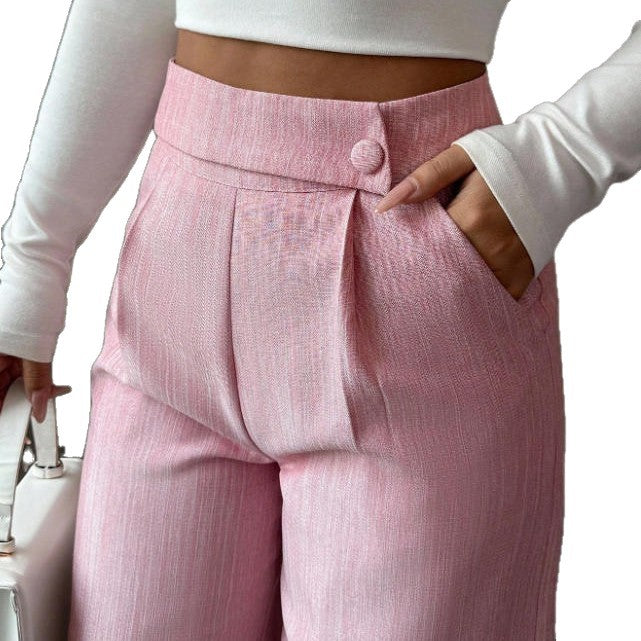 Women's High-Waist Straight-Leg Pants – Solid Color Button Detail Full Length FitiqueFit