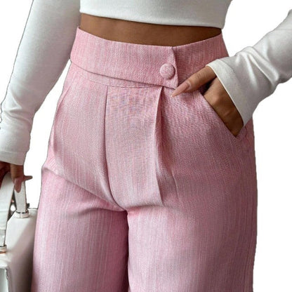 Women's High-Waist Straight-Leg Pants – Solid Color Button Detail Full Length FitiqueFit