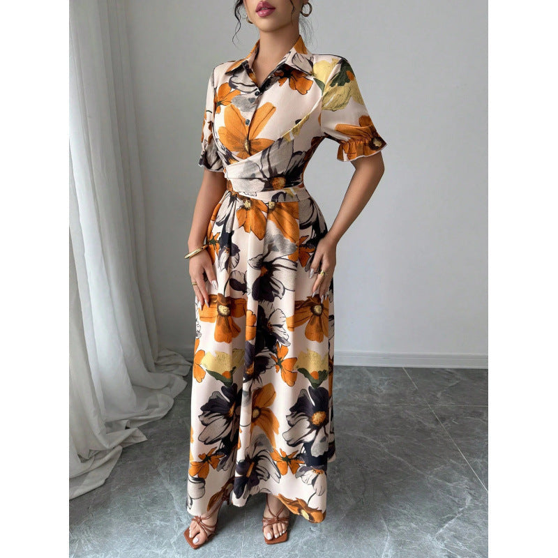 Women’s Printed Puff Sleeve Dress – Blouse Collar Cross-Tie Waist Style FitiqueFit