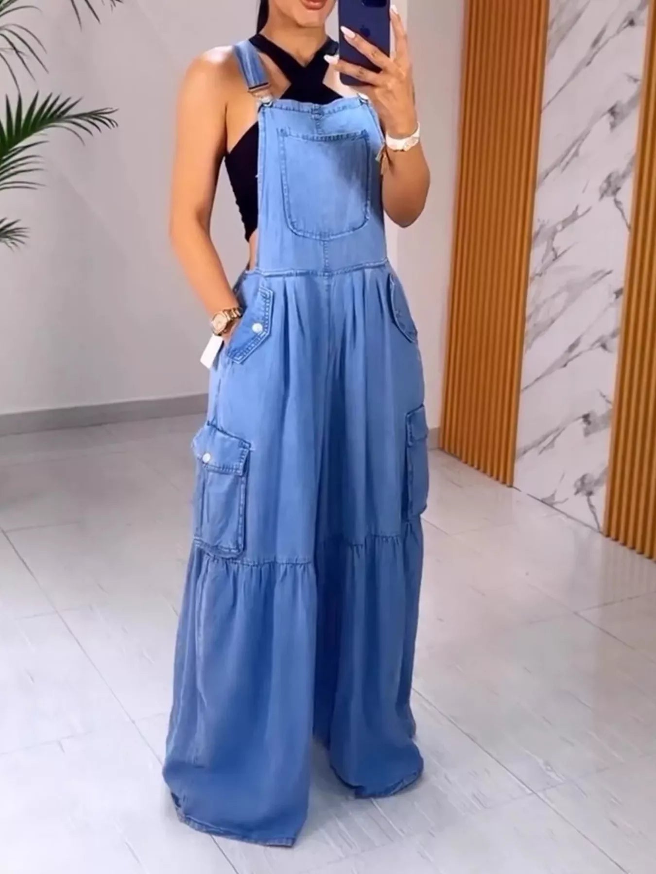 Full Size Pocketed Wide Leg Denim Overalls Plus Size New Era Fashion LLc