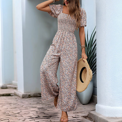 Square Collar Puff Sleeve Vacation Style Floral Jumpsuit Grayceful LLC