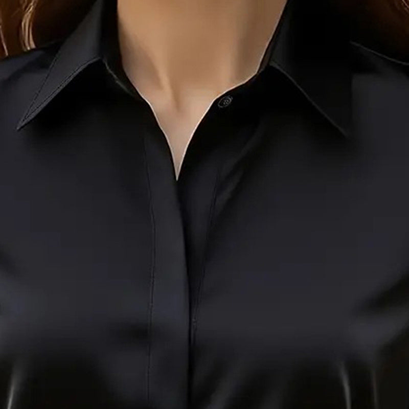 Loose Fit Satin Blouse — V-Neck Long Sleeve Tunic Top for Office & Casual Wear FitiqueFit